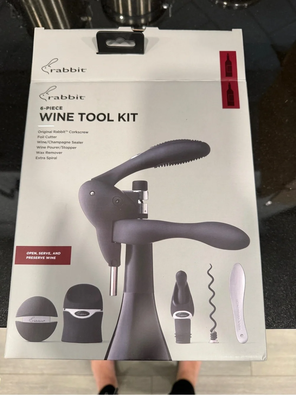 Rabbit Black Wine Accessory Set — 6-Piece Bar Tool Kit